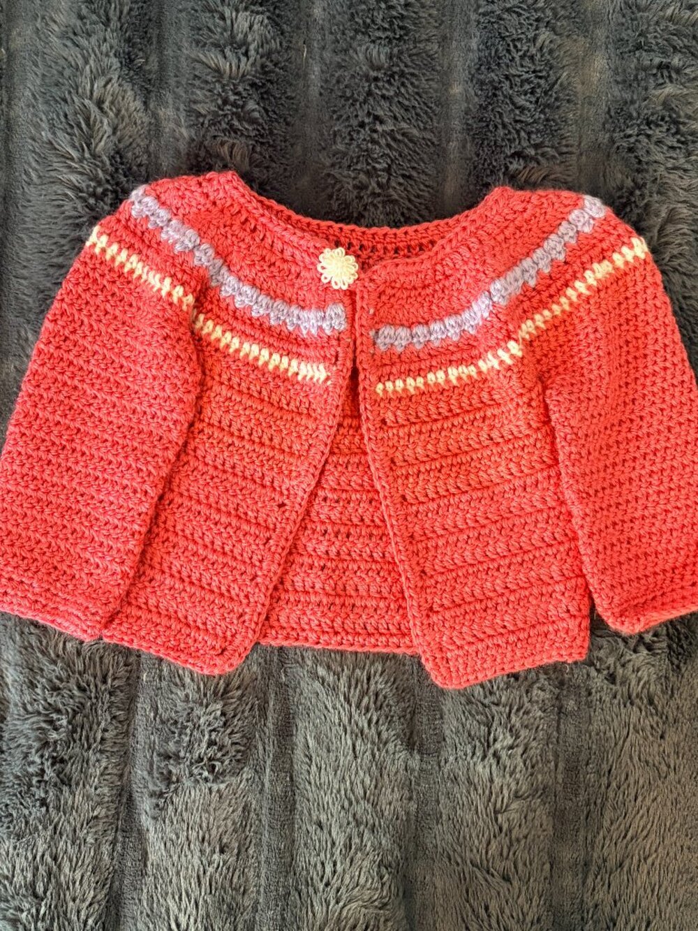 Handmade Crochet Baby Cardigan Pink Coral Lavender Cream Flower Button Baby Girl